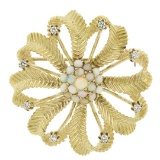 Vintage 14k Yellow Gold 0.28 ctw Diamond & Opal Textured Swirl Flower Pin Brooch