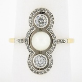 Antique Edwardian 14K Gold & Platinum European Diamond & 5.9mm Pearl Dinner Ring