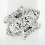 Vintage Platinum 1.95 ctw Large Old European Cut Diamond Bypass Ring w/ Accents