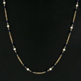 Vintage 18k Gold 4.8mm Pearl & Blue Enamel Bead on Textured Wheat Chain Necklace
