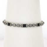 Antique Art Deco 14k Gold Bezel Set Black Onyx Etched Line Filigree Bracelet