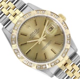 Rolex Mens Two Tone Champagne Index Dial Pyramid Diamond Bezel With Rolex Box