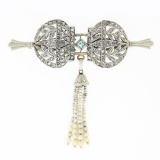 Antique Belle Epoque Plat 10k Gold Diamond Blue Stone Pin Brooch w/ Pearl Dangle