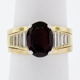 18K Yellow Gold Oval Faceted Garnet Solitaire 1.18 ctw Baguette Step Diamond Rin