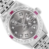 Rolex Ladies Stainless Steel Slate Gray Diamond And Ruby Date Wristwatch 26MM