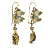 Vintage 18K Gold Bead Coral & Cabochon Ruby w/ Turquoise Drop Dangle Earrings