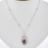 18K White Gold 4.12 ctw GIA Pear Ruby & Diamond Halo Pendant By the Yard Necklac