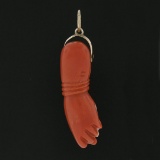 Vintage 10k Rosy Yellow Gold Orange Carved Coral Figa Hand Charm Pendant