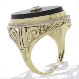 Vintage 14k Gold Elongated Oval Black Onyx w/ Diamond Center Floral Work Ring