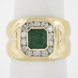 Estate 14k Yellow Gold 1.56 ctw Green Emerald & Channel Set Diamond Wide Band Ri