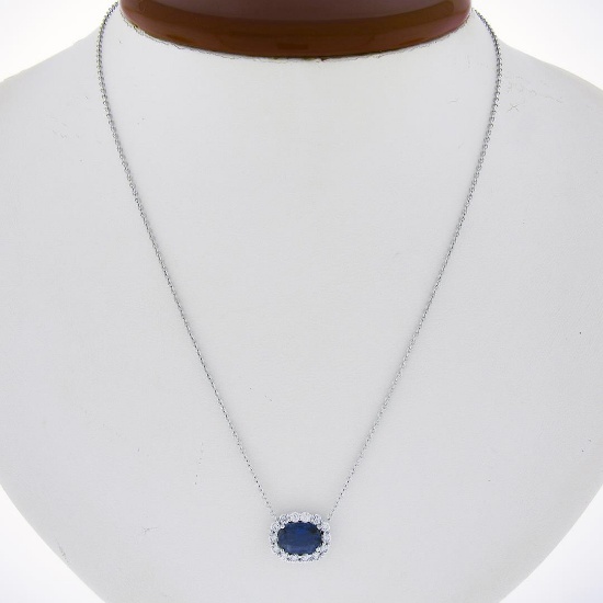 NEW 18k Gold 1.88 ctw GIA Cushion Blue Sapphire Diamond Halo Pendant Necklace