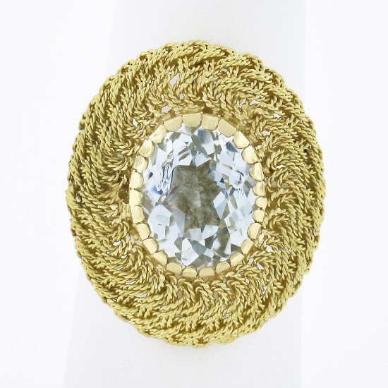 Vintage 18K Gold Oval Aquamarine Solitaire Braided Hand Wire Work Cocktail Ring