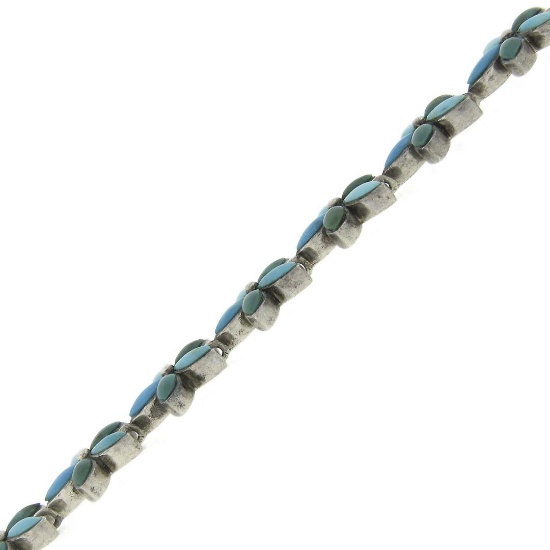 Vintage Silver Marquise Shape Natural Blue Turquoise Floral Link Chain Bracelet