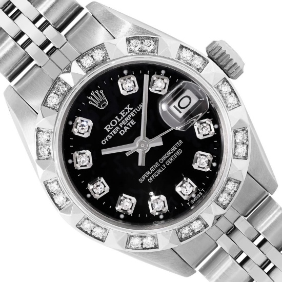 Rolex Ladies Stainless Steel Black Diamond Date Wristwatch 26MM
