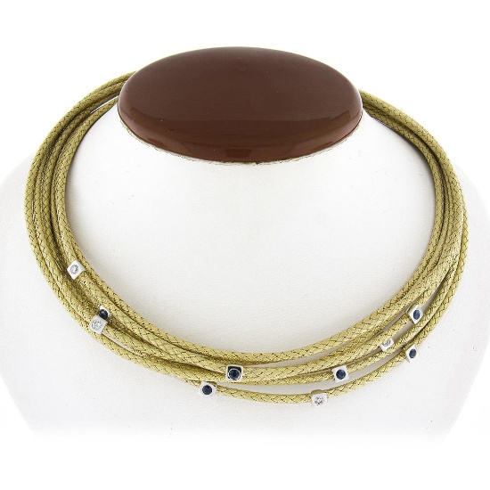 18k Solid Gold Woven Multi Strand Wide Collar Necklace w/ Sapphire & Diamonds