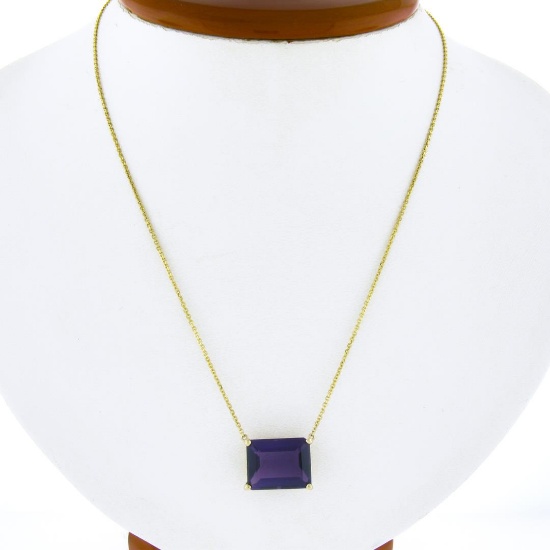 NEW 14k Yellow Gold Large 8 ctw Emerald Cut Amethyst Solitaire Pendant & Chain
