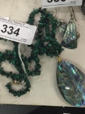 Malachite an abalone shell necklace and earrings