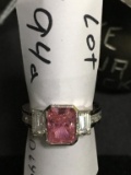 14k White Gold,  CZ Clear & Pink Ring sz 5