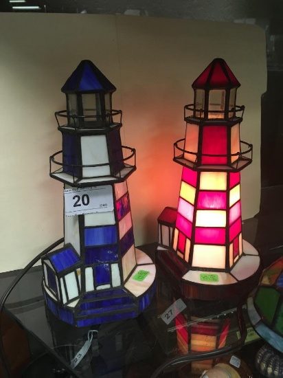 2 Stain Glass Light Houses - Red & Blue Glass