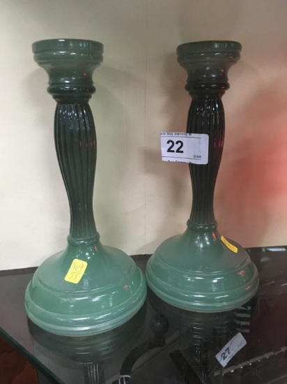 2 Green Case Glass Candlesticks 8 1/2" Tall