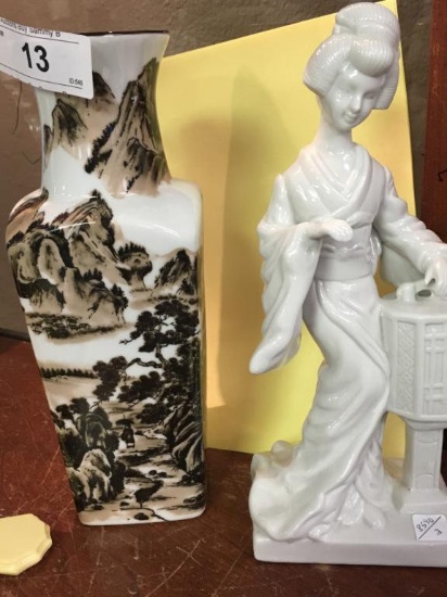 White Asian Lady and Pattern Vase 10 1/4" Tall