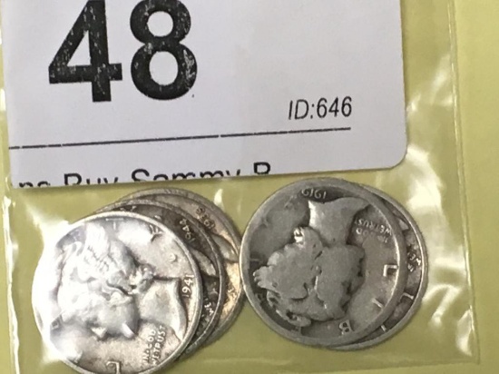 5 Mercury Silver Dimes - 1912, 1935,1939,1941,1944