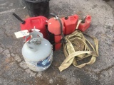 Propane tank, gas cans, strap, five extinguisher