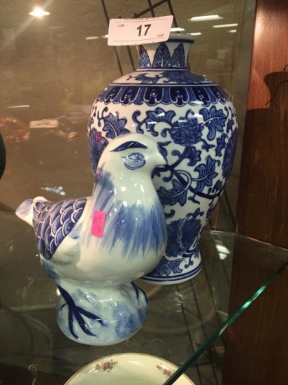 Blue and white bird ceramic & blue and white vase