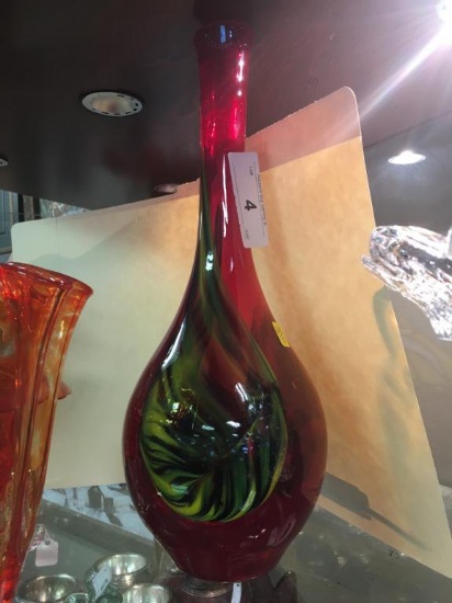Red vase with green leaves hand Blown