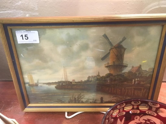 Vintage Framed Windmill Picture 13' 1/8" x 9 1/8"