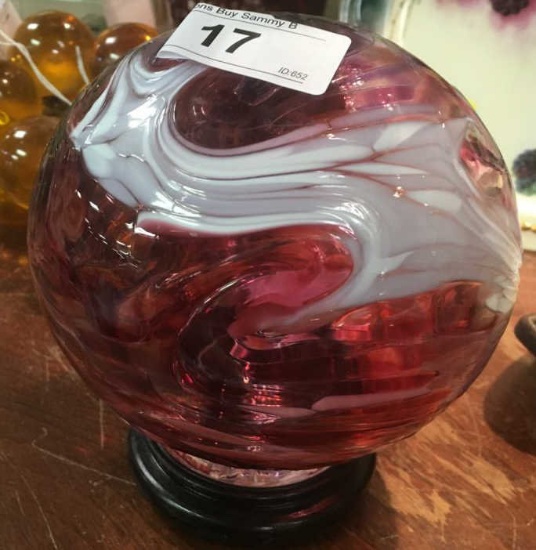 Hand Blown Art Glass Sphere Cranberry w/ White