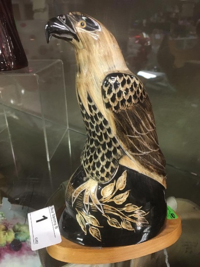 Hand Carved Eagle from Horn on Wood Base 7 1/2"T