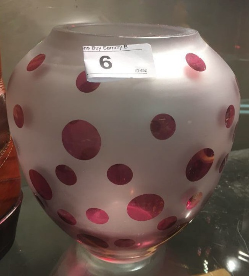 Frosted Art Glass Vase Bowl w/ Cranberry Dots