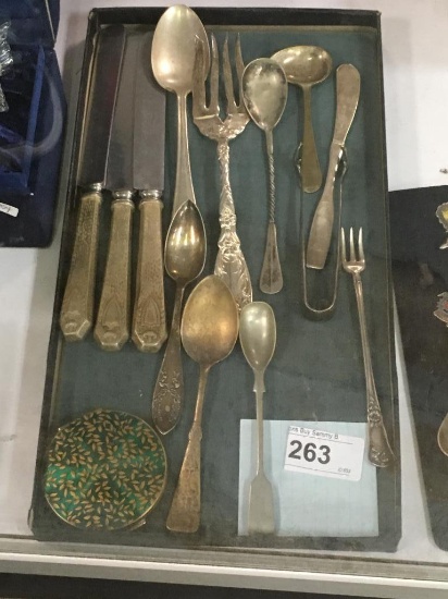 English Compact & 13 Pc Flatware -