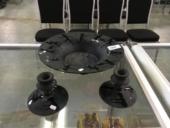 Black Glass Console Bowl and Candle Stick w/ Kids