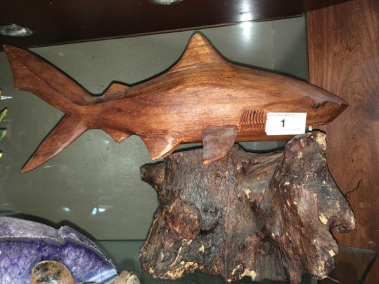 Wood Carved Shark on Stand