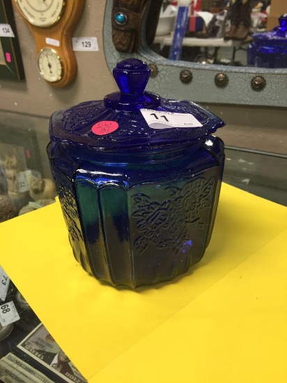 Blue Glass Covered Biscuit Jar 7 1/2" Tall