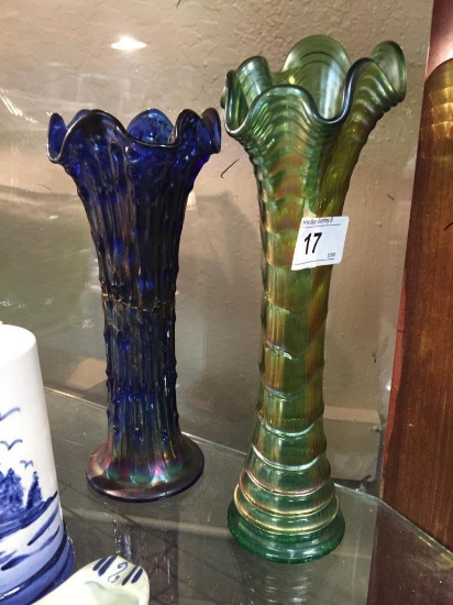 2 Ripple, Swung, Draped Glass Vases   One As Is