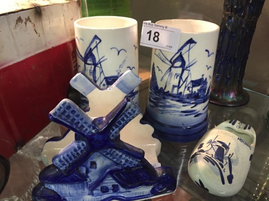 Blue Delft Napkin Holder, Shoe Ash Tray & 2 Mugs