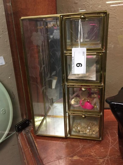 Etched Glass & Brass Jewelry Box  w/ Contents