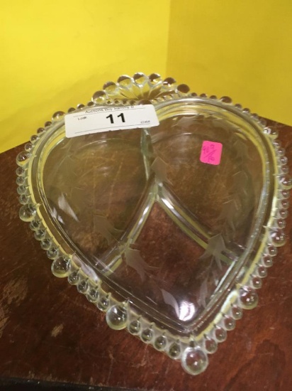 Etched Heart Shaped Glass Candy / Trinket Divided