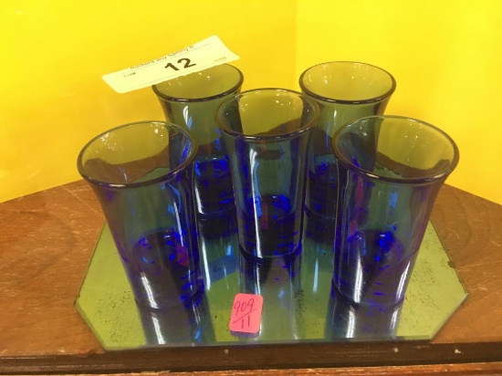 5 Cobalt Blue Shot Glasses w/ Mirror