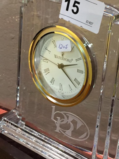 Waterford Clock on Etched Crystal Stand on Wood