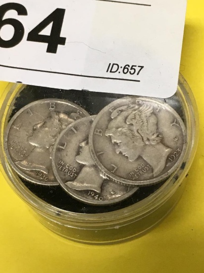 3 Mercury Silver Dimes 1923, 1936, 1940