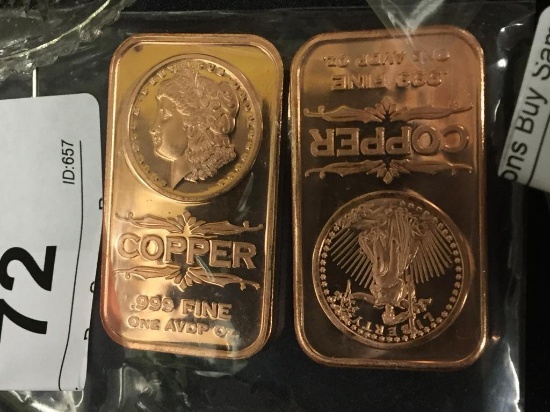 2 - 1oz .999 Copper Bars Money Motif