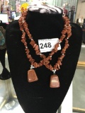 2 Red Gold Stone Pendant and Beaded Necklace