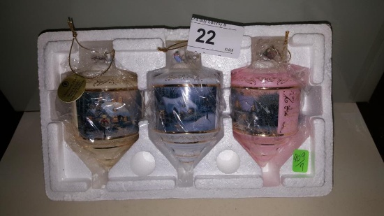 3 NIB Thomas Kinkade Glass Ornaments w/ COA