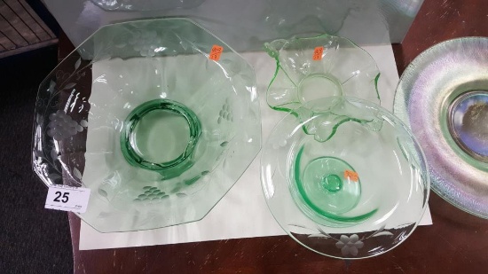 4 Pieces Green Depression Glass - Platter is