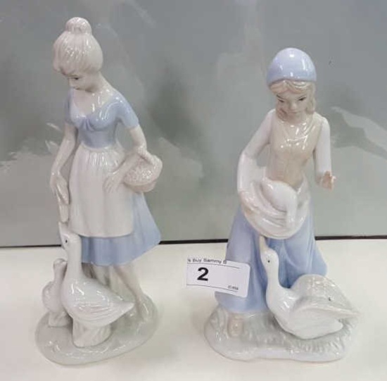 2 Blue & White Girl's w/ Geese Figurines