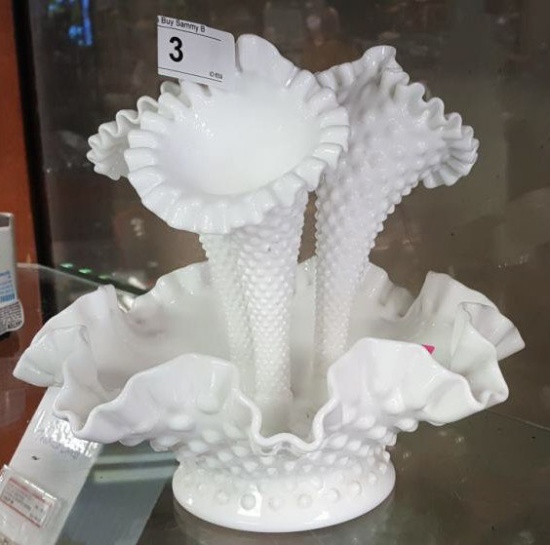 Fenton Epergne 3 Horn Hobnail Milk Glass 9 1/2" T